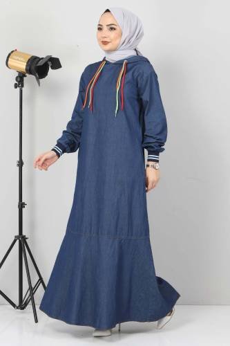 Bağcık Detaylı Kapşonlu Kot Elbise TSD1431 Koyu Mavi - Thumbnail