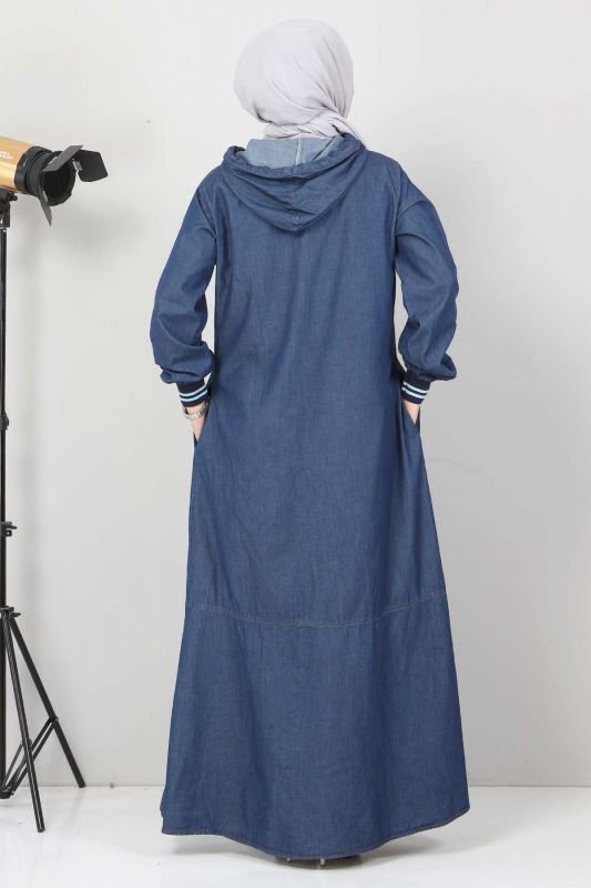 Bağcık Detaylı Kapşonlu Kot Elbise TSD1431 Koyu Mavi