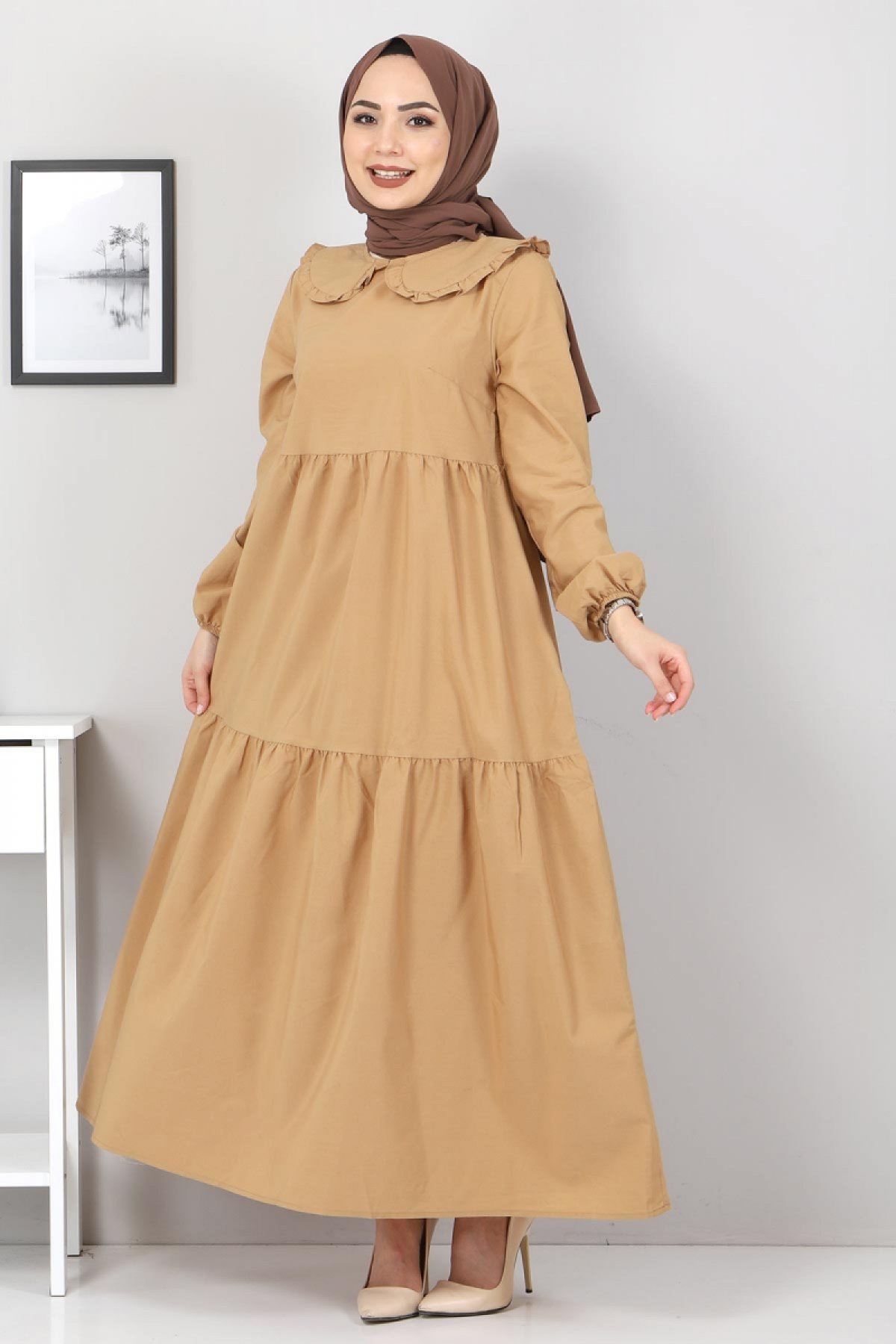 Bebe Yaka Tesettür Elbise TSD0706 Camel