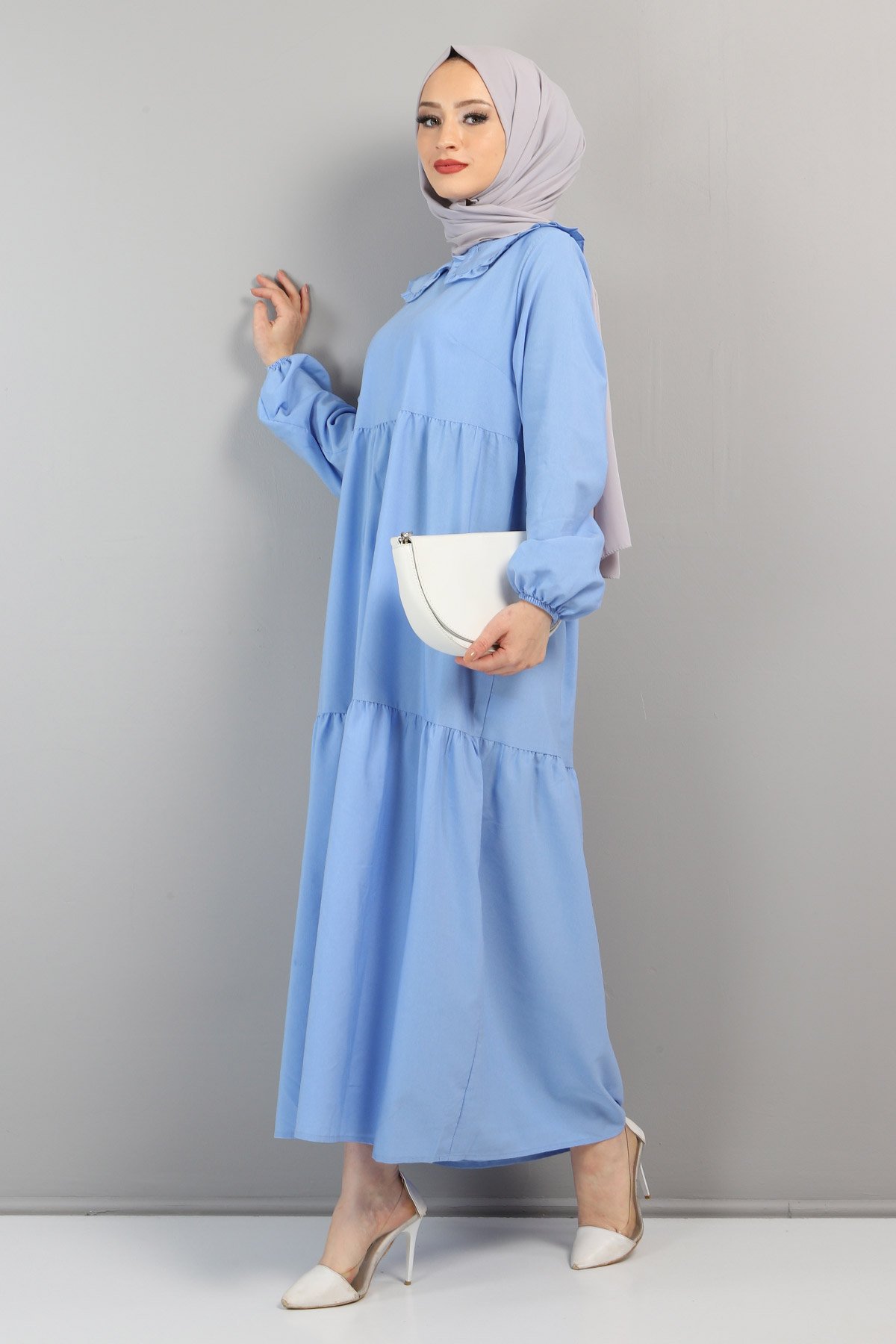 Bebe Yaka Tesettür Elbise TSD0706 Mavi