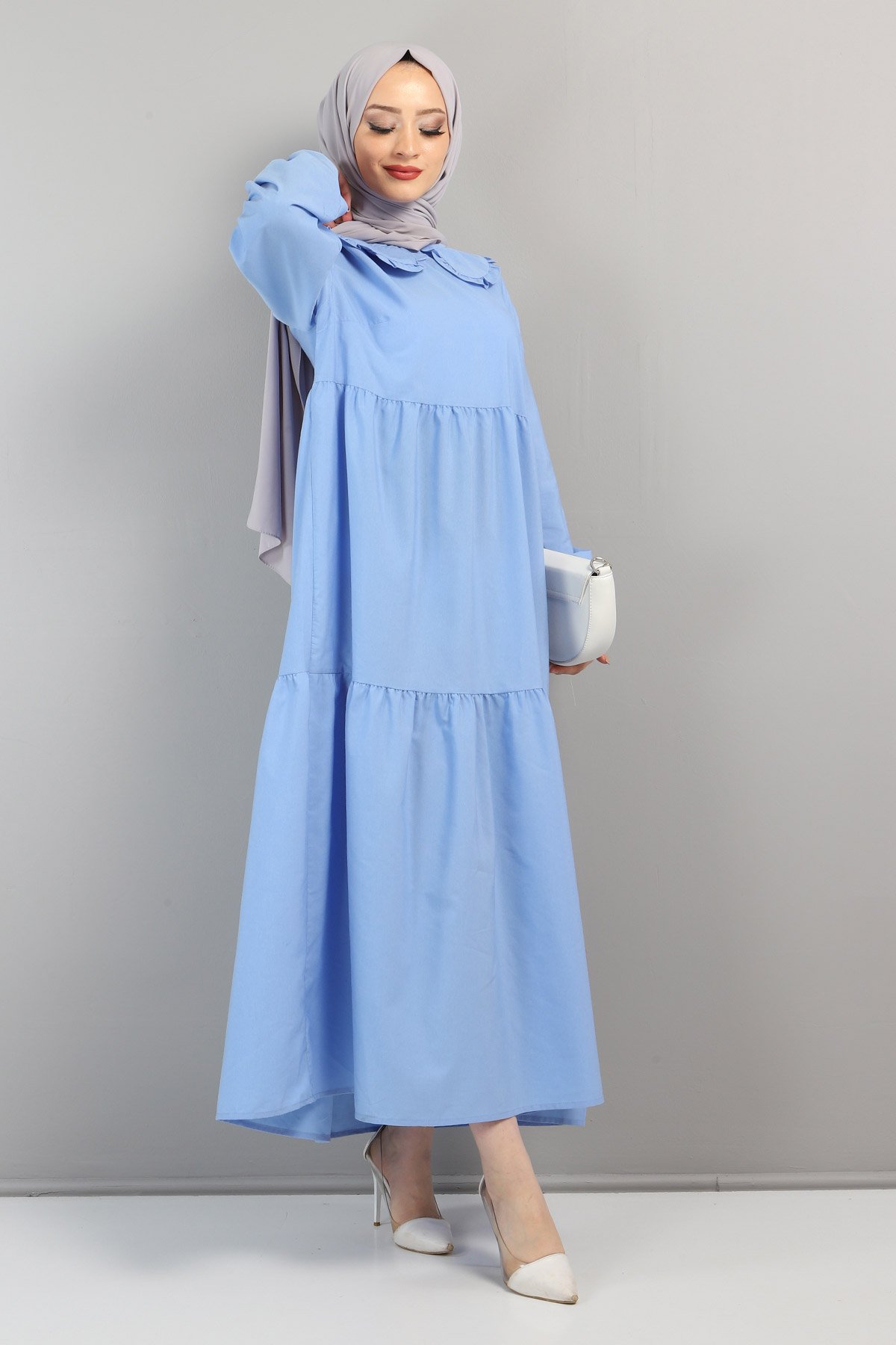 Bebe Yaka Tesettür Elbise TSD0706 Mavi