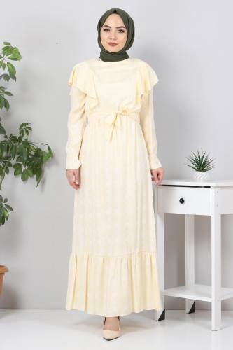 Beli Bağcıklı Tesettür Elbise TSD4404 Sarı - Thumbnail
