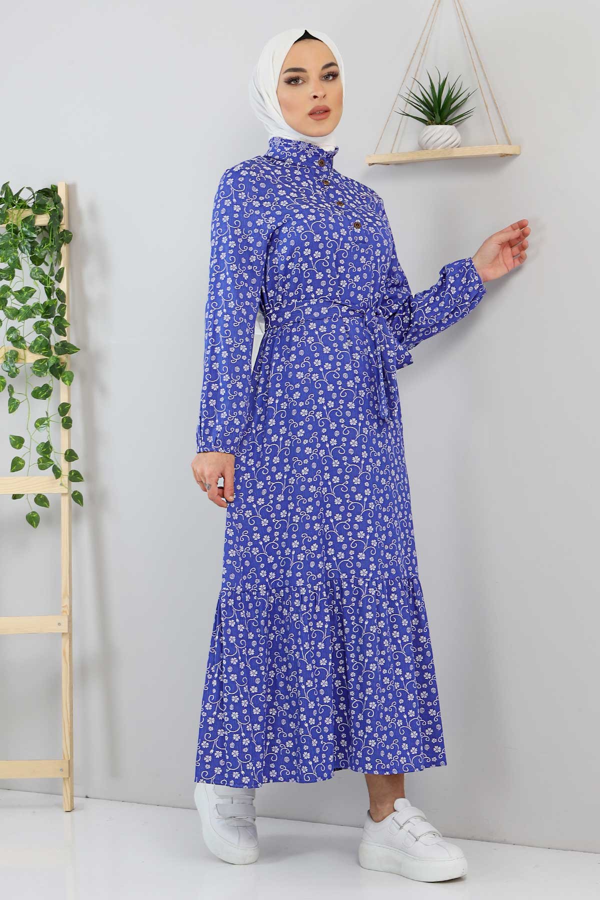 Beli Bağlamalı Çiçek Desenli Tesettür Elbise TSD211240 Mavi