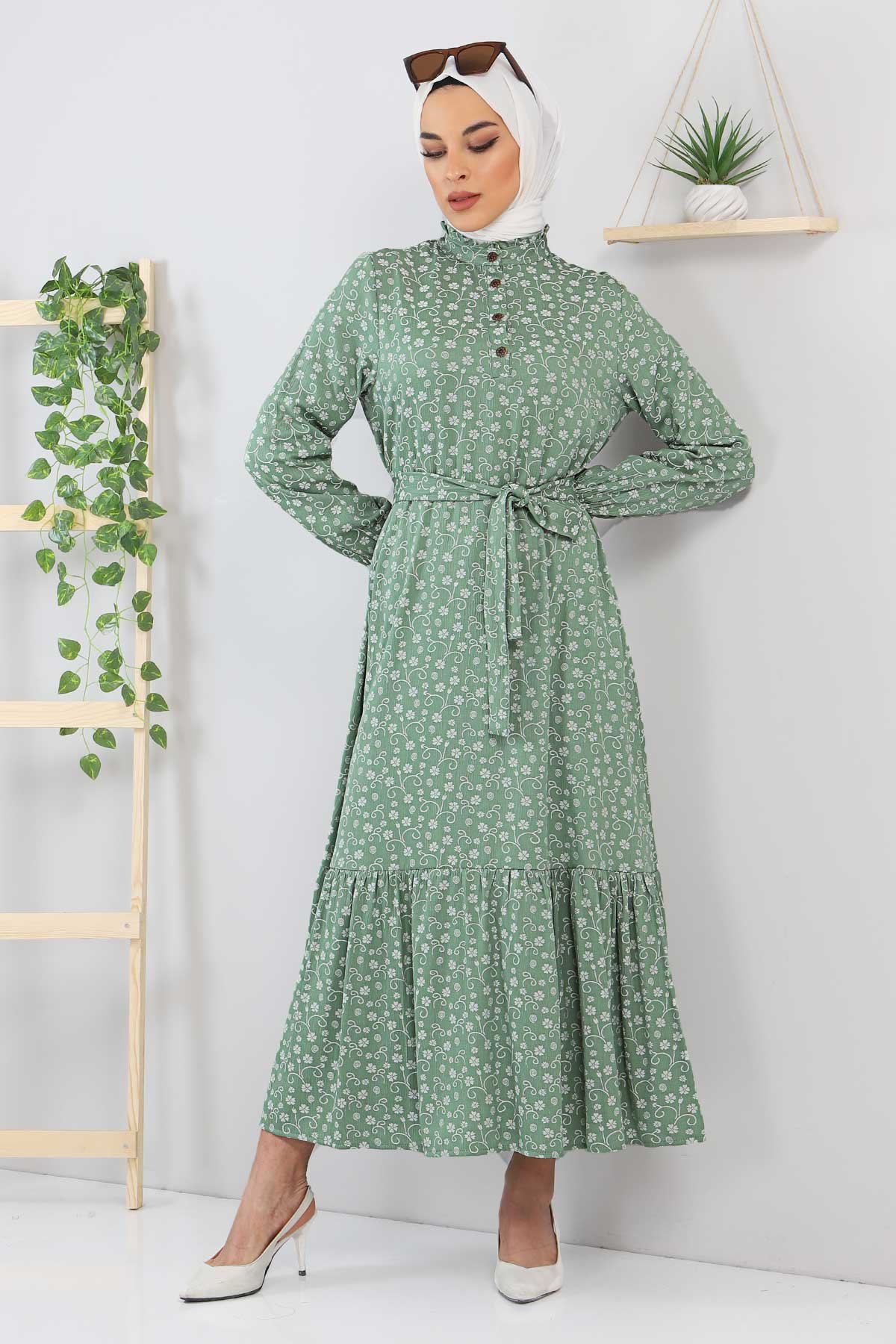 Beli Bağlamalı Çiçek Desenli Tesettür Elbise TSD211240 Mint Yeşili