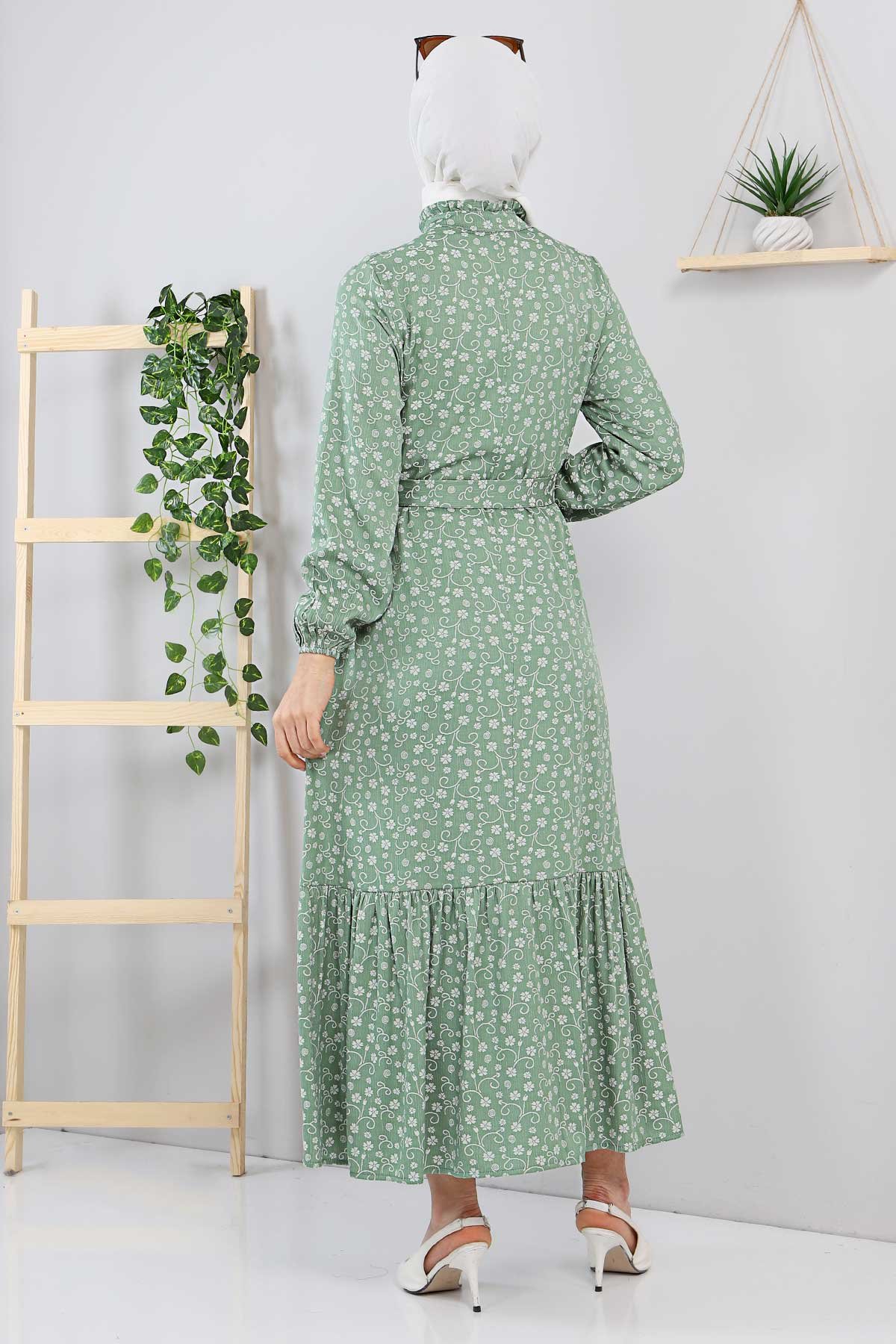 Beli Bağlamalı Çiçek Desenli Tesettür Elbise TSD211240 Mint Yeşili