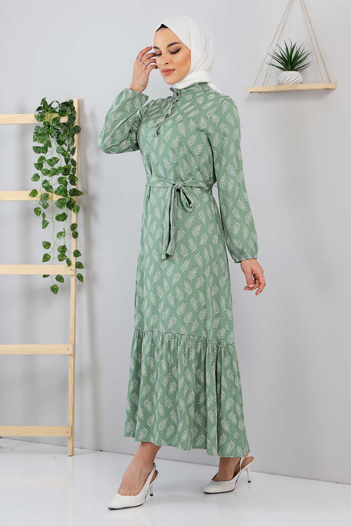 Beli Bağlamalı Yaprak Desenli Tesettür Elbise TSD211239 Mint Yeşili