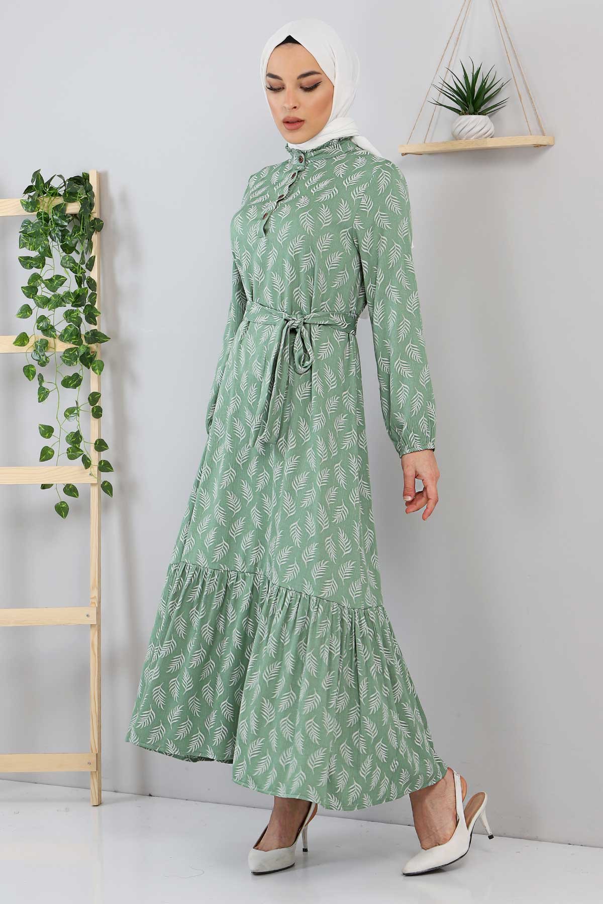 Beli Bağlamalı Yaprak Desenli Tesettür Elbise TSD211239 Mint Yeşili