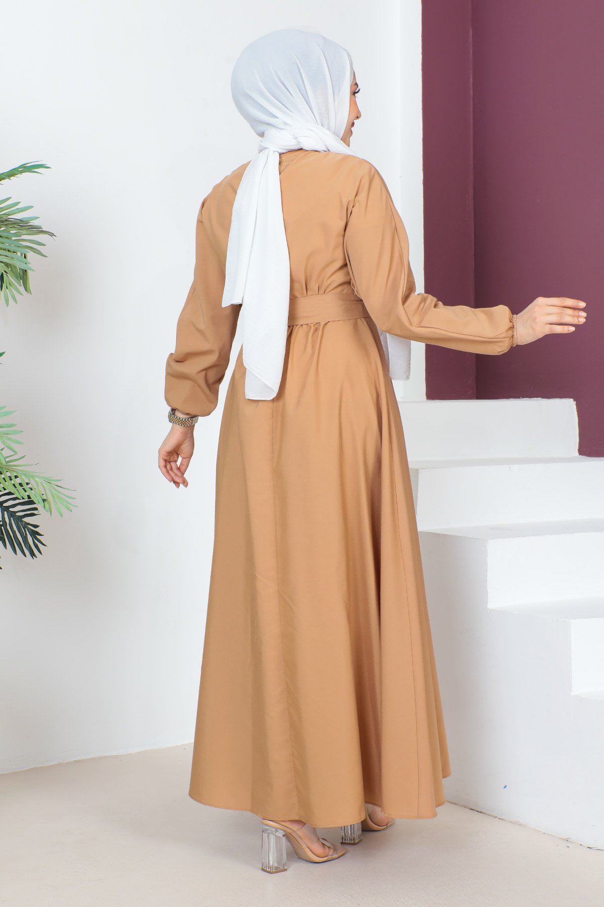 Beli Kuşaklı Elbise TSD230611 Camel