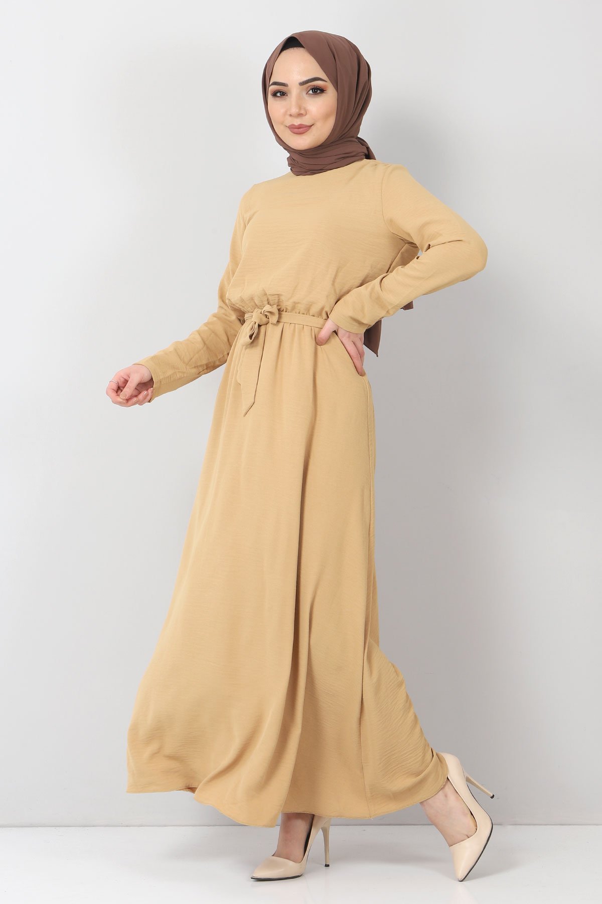 Beli Lastikli Ayrobin Elbise TSD5521 Camel