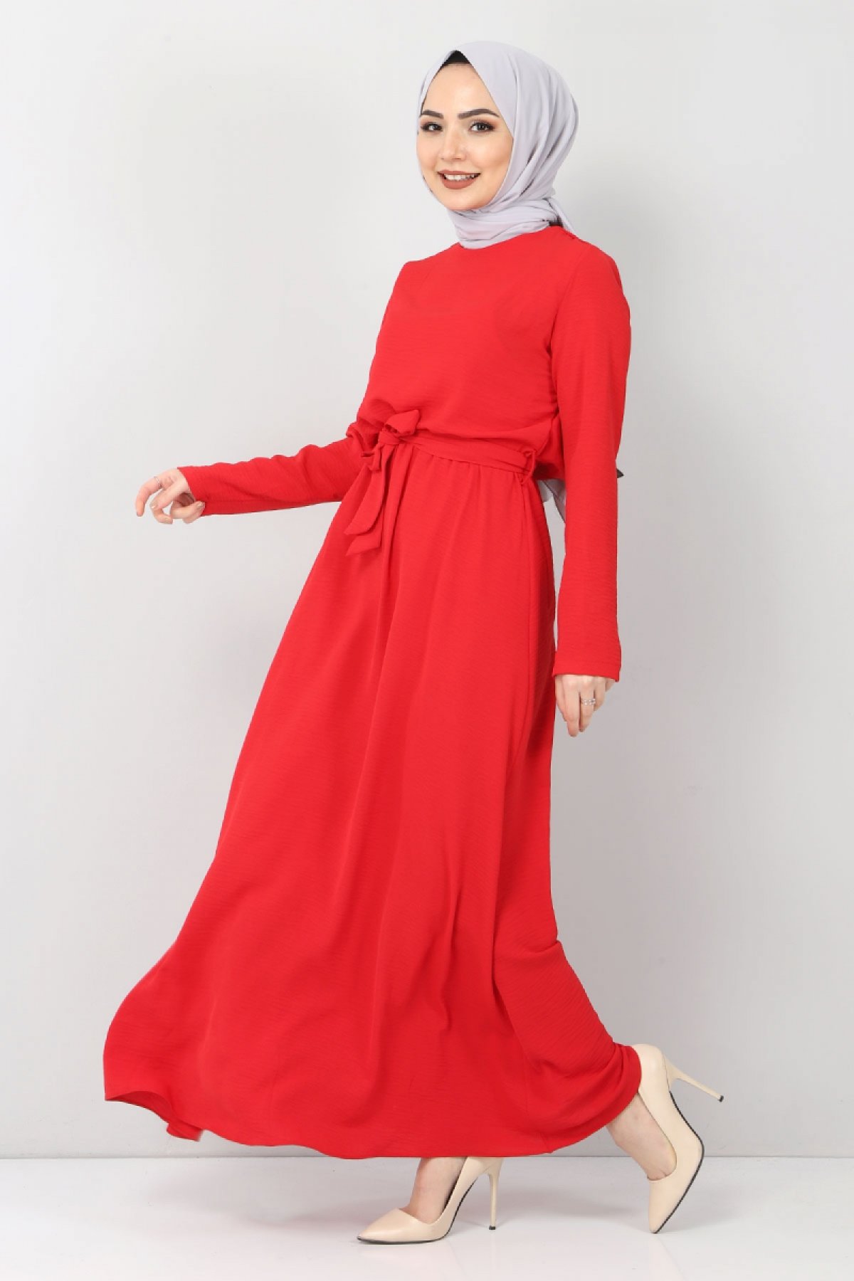 Beli Lastikli Ayrobin Elbise TSD5521 Kırmızı