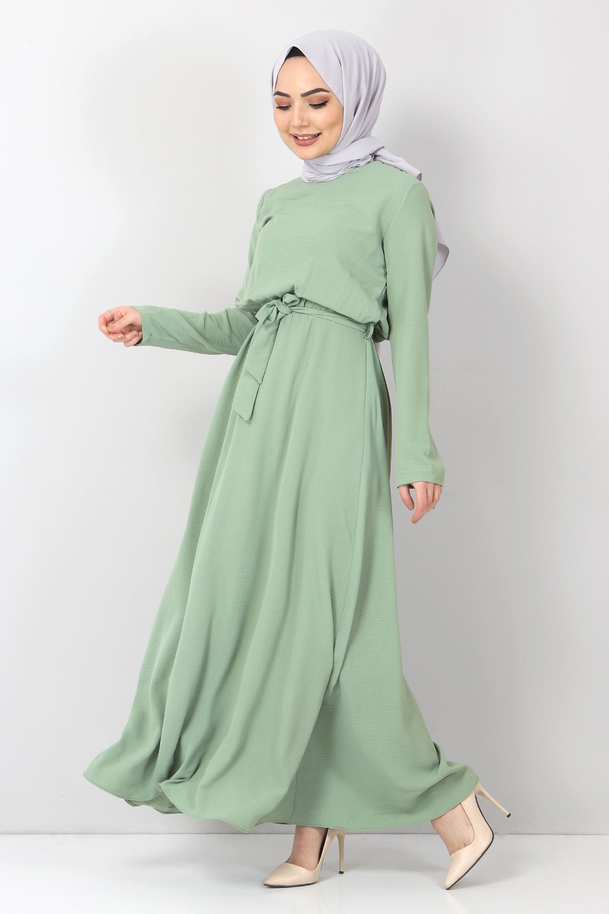 Beli Lastikli Ayrobin Elbise TSD5521 Yeşil