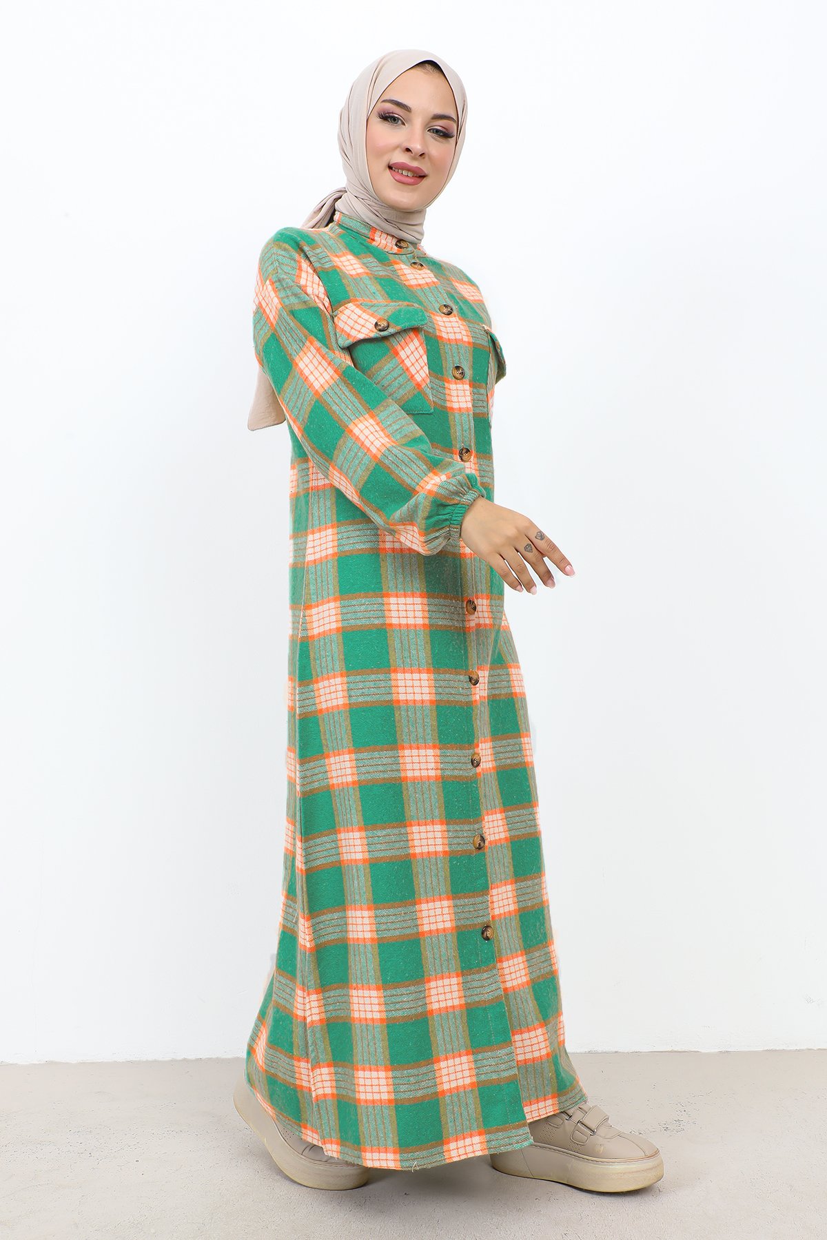 Boydan Düğmeli Ekose Desenli Elbise TSD231106 Yeşil