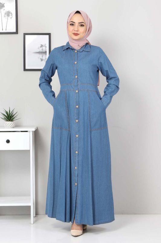 Boydan Düğmeli Kot Elbise TSD0389 Açık Mavi