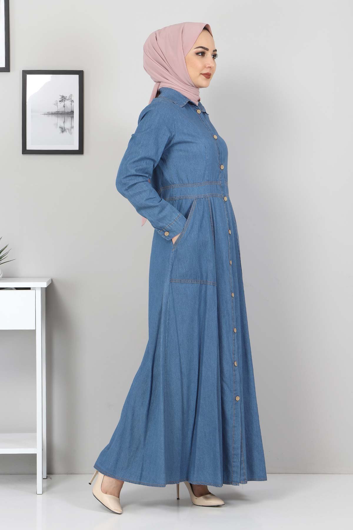 Boydan Düğmeli Kot Elbise TSD0389 Açık Mavi