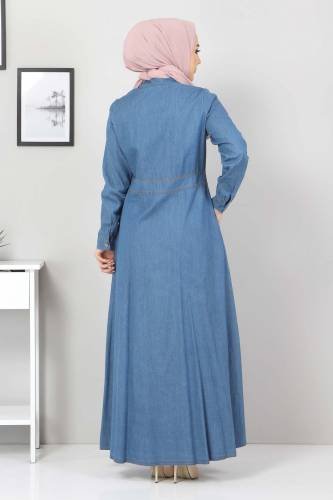 Boydan Düğmeli Kot Elbise TSD0389 Açık Mavi - Thumbnail