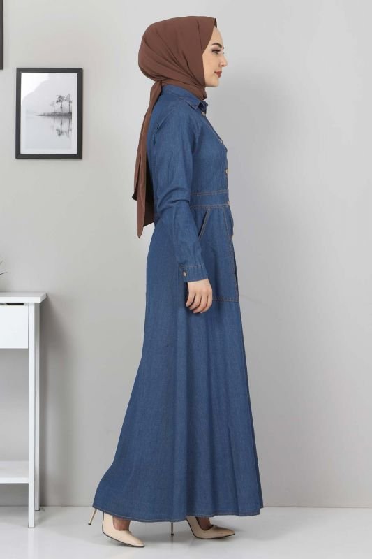 Boydan Düğmeli Kot Elbise TSD0389 Koyu Mavi