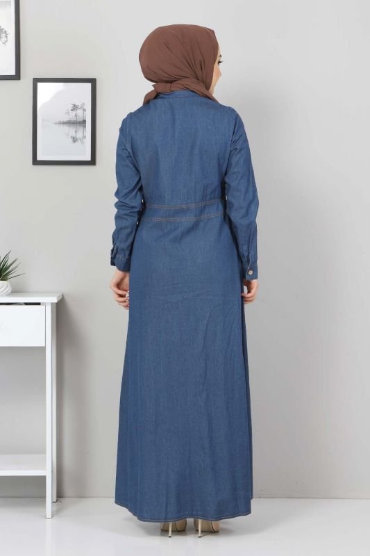 Boydan Düğmeli Kot Elbise TSD0389 Koyu Mavi