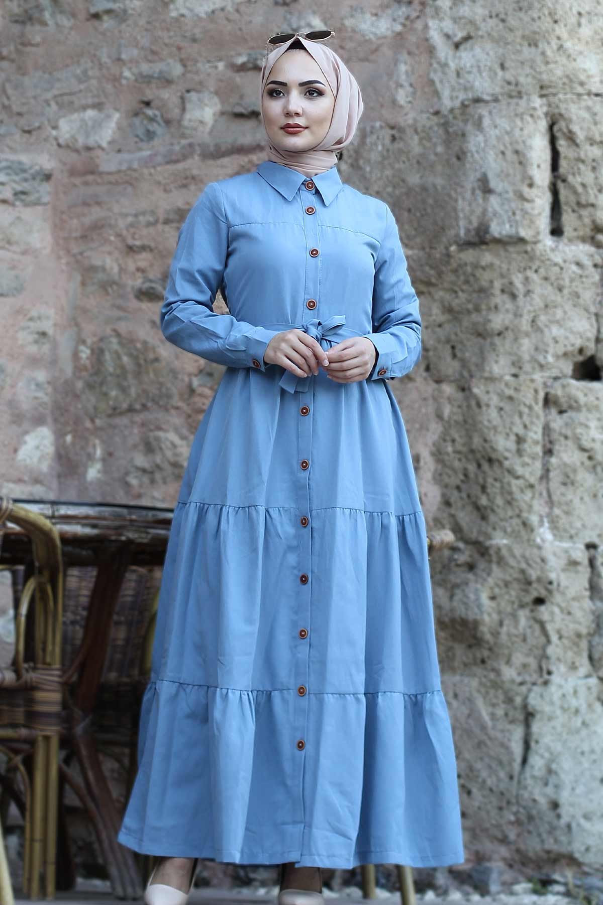 Boydan Düğmeli Tesettür Elbise TSD0172 Kot Mavisi