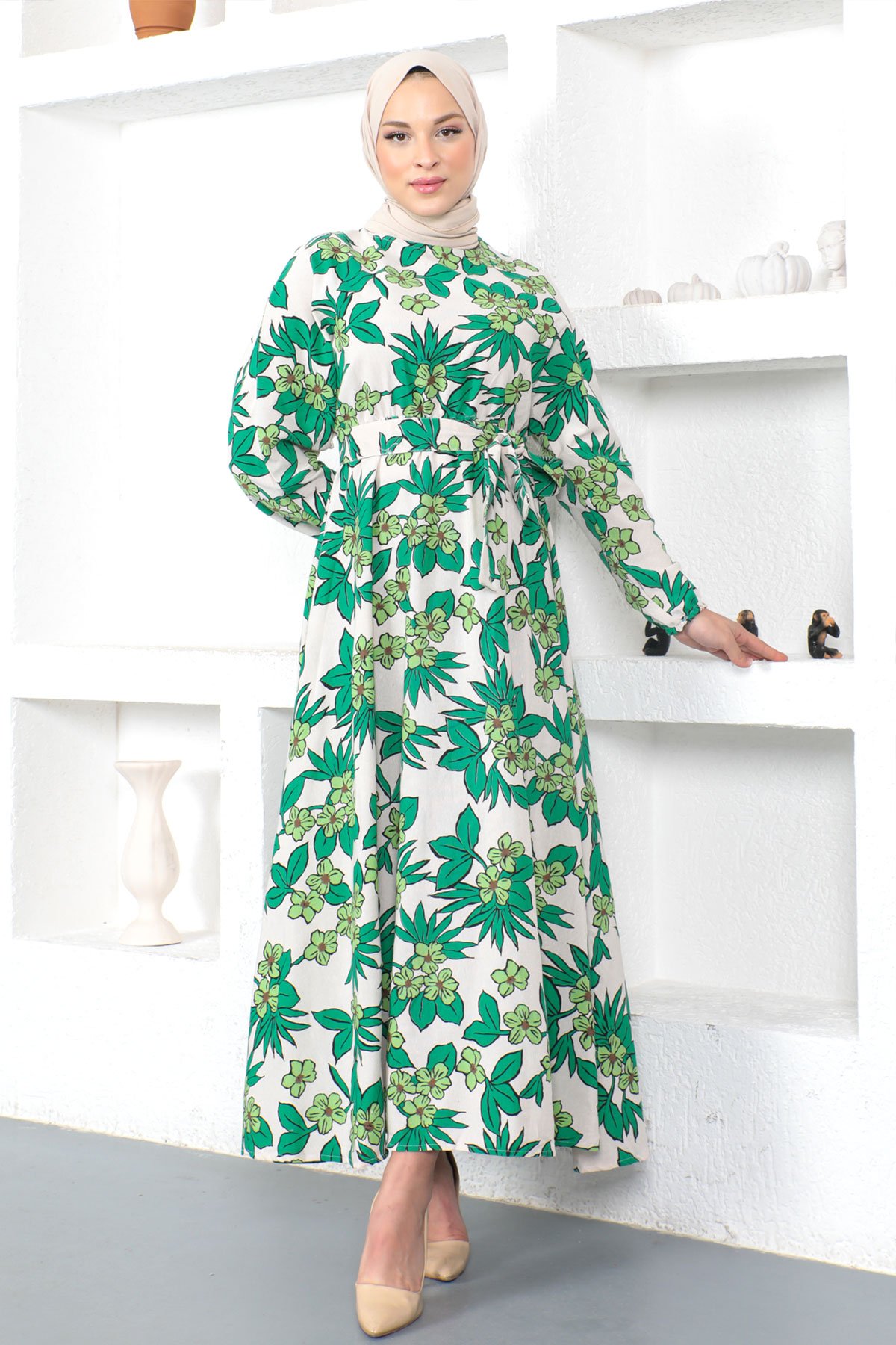 Çiçek Desenli Beli Lastikli Elbise TSD230223 Yeşil