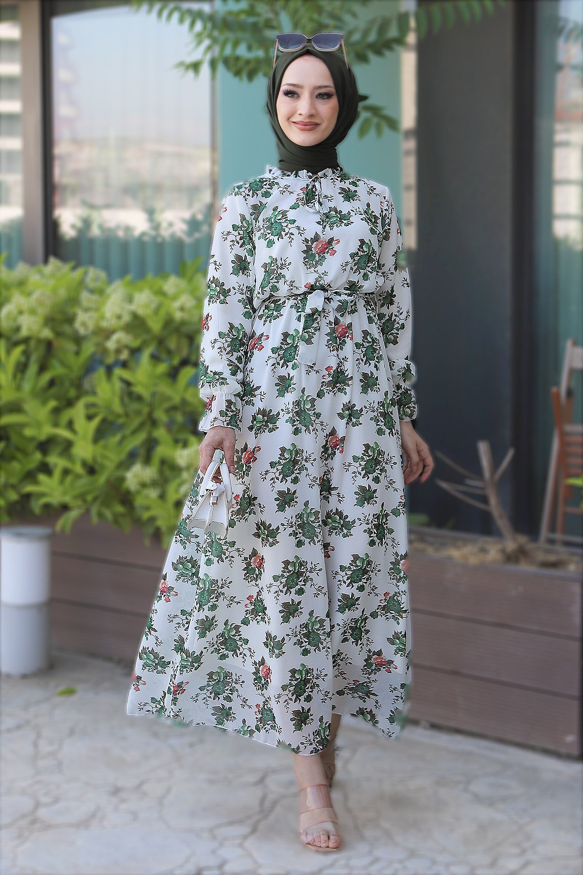Çiçek Desenli Şifon Elbise TSD220535 Yeşil