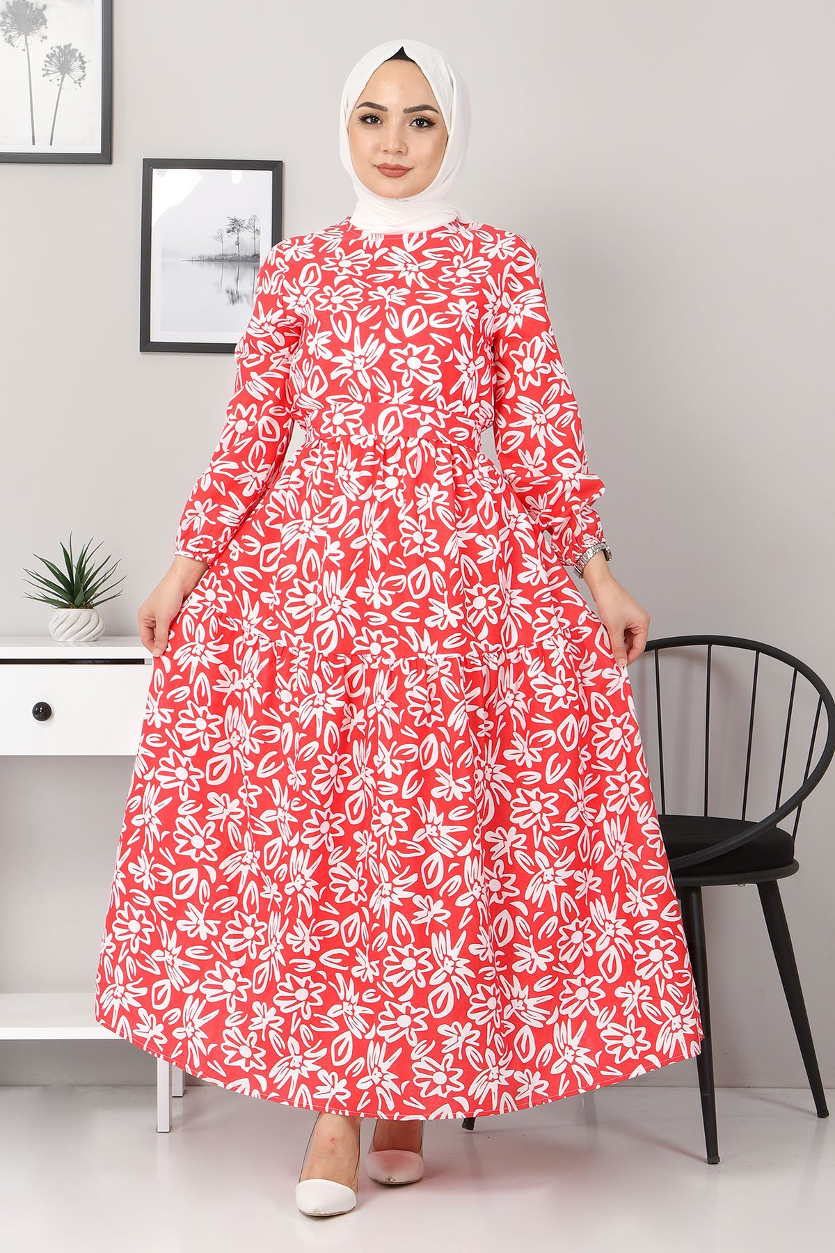 Çiçekli Kloş Elbise TSD4415 Kırmızı