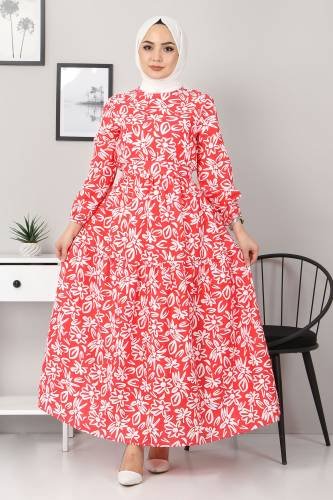 Çiçekli Kloş Elbise TSD4415 Kırmızı - Thumbnail