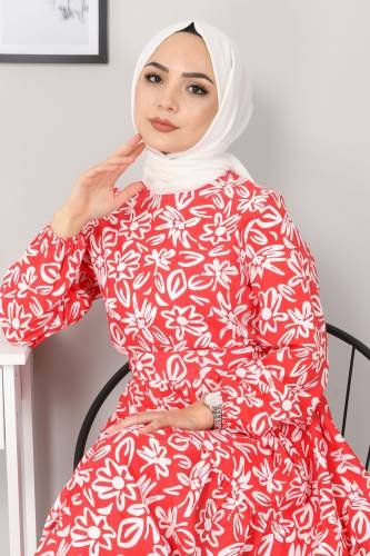 Çiçekli Kloş Elbise TSD4415 Kırmızı - Thumbnail