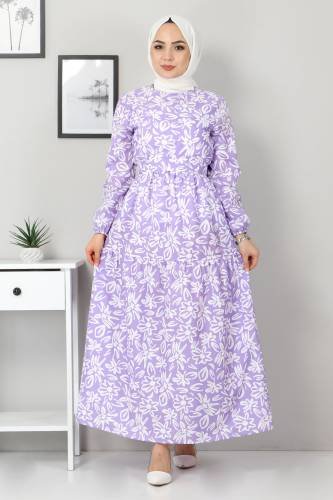 Çiçekli Kloş Elbise TSD4415 Lila - Thumbnail
