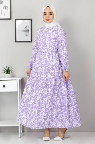 Çiçekli Kloş Elbise TSD4415 Lila - Thumbnail