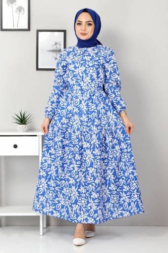 Çiçekli Kloş Elbise TSD4415 Mavi - Thumbnail