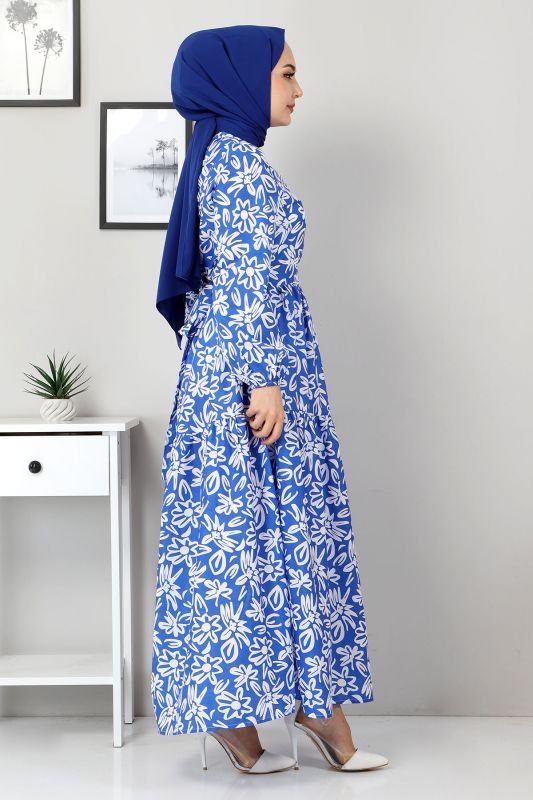 Çiçekli Kloş Elbise TSD4415 Mavi