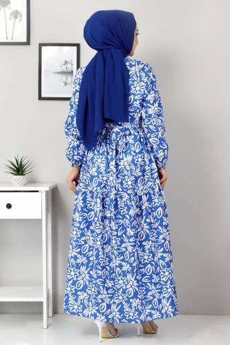 Çiçekli Kloş Elbise TSD4415 Mavi - Thumbnail
