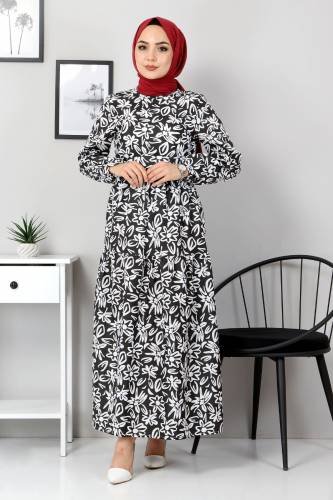Çiçekli Kloş Elbise TSD4415 Siyah - Thumbnail