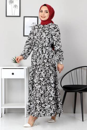 Çiçekli Kloş Elbise TSD4415 Siyah - Thumbnail
