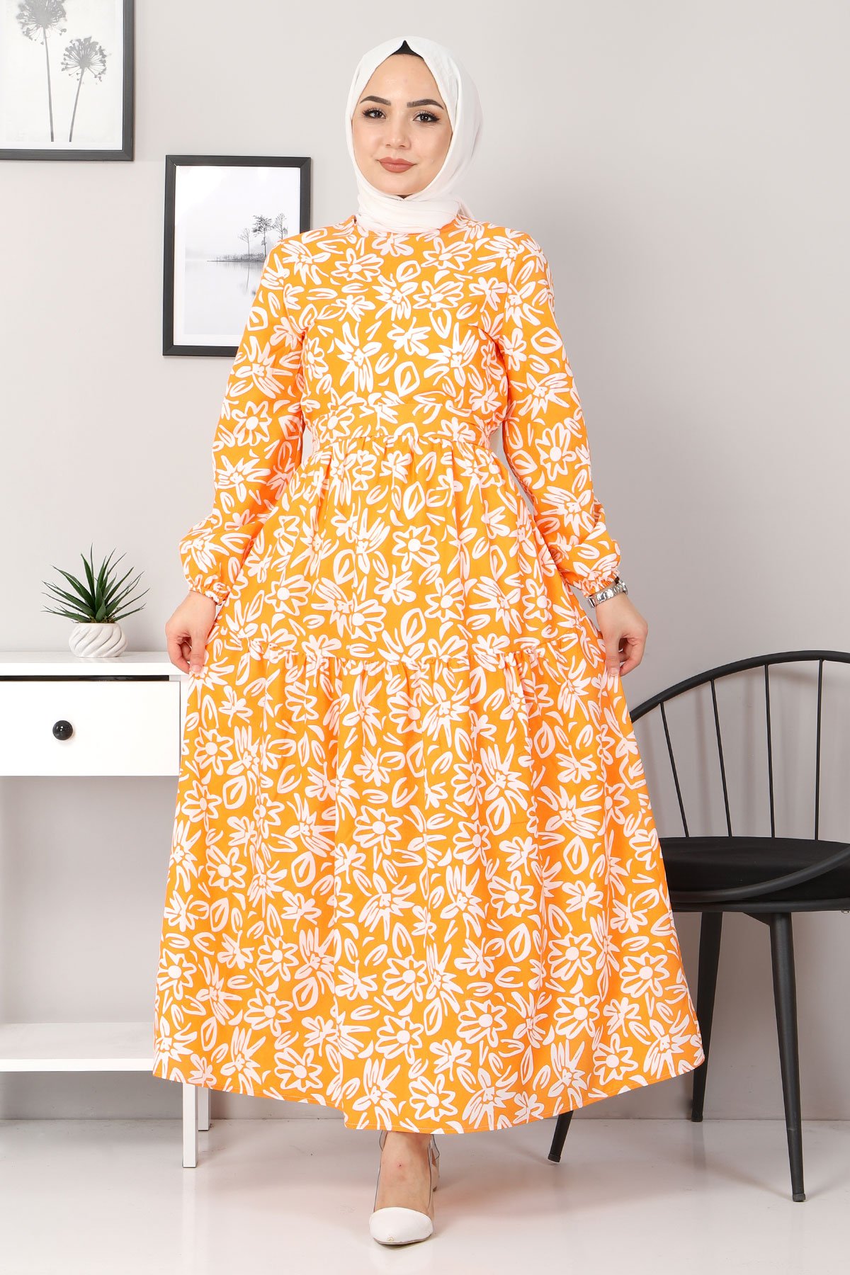 Çiçekli Kloş Elbise TSD4415 Turuncu