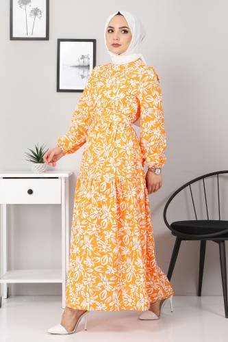 Çiçekli Kloş Elbise TSD4415 Turuncu - Thumbnail