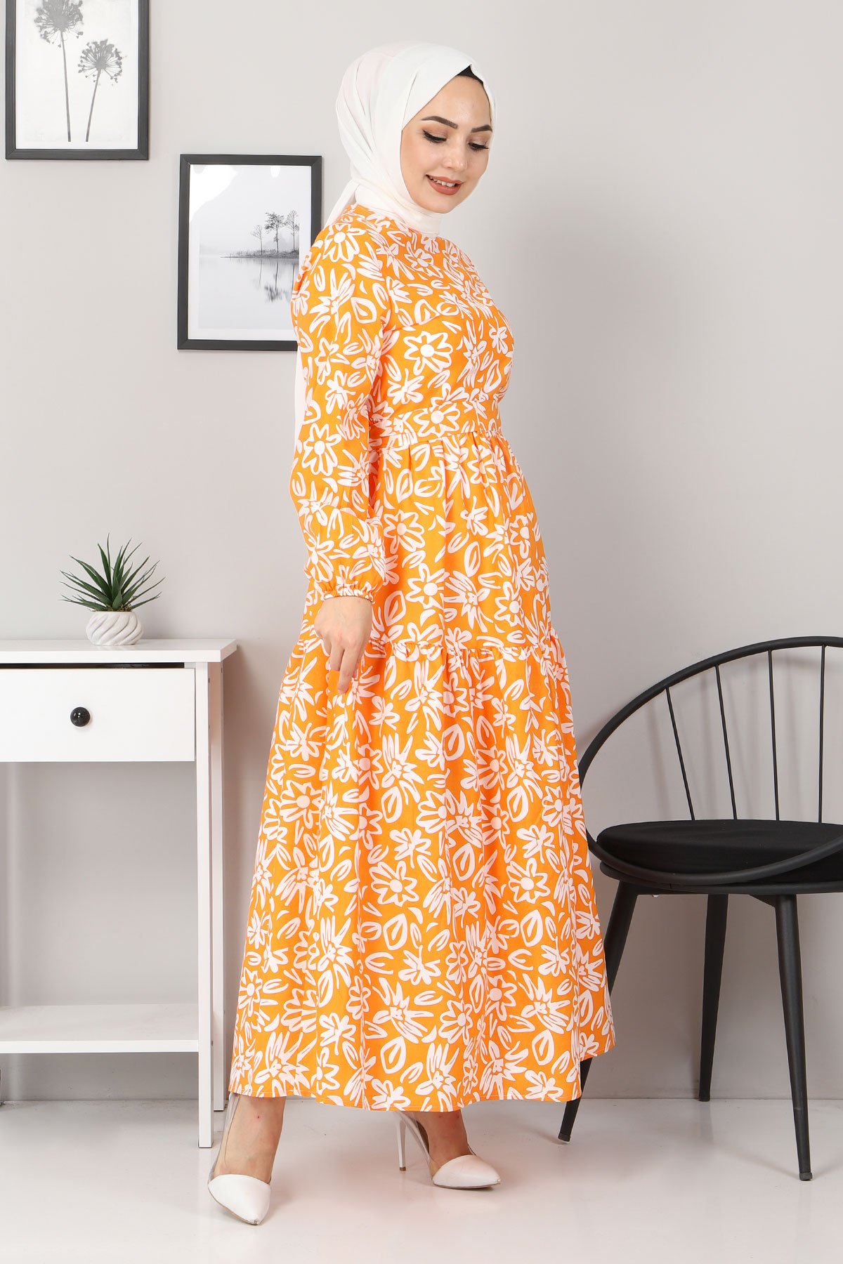 Çiçekli Kloş Elbise TSD4415 Turuncu