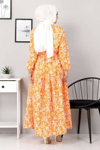 Çiçekli Kloş Elbise TSD4415 Turuncu - Thumbnail
