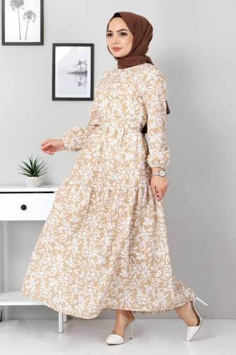 Çiçekli Kloş Elbise TSD4415 Vizon - Thumbnail