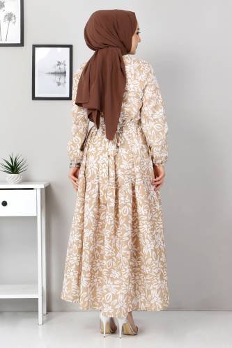 Çiçekli Kloş Elbise TSD4415 Vizon - Thumbnail