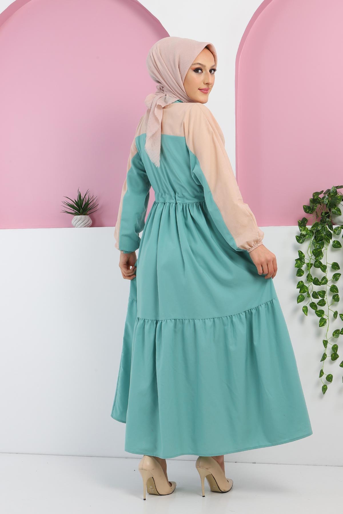 Çift Renkli Elbise TSD220301 Mint Yeşili