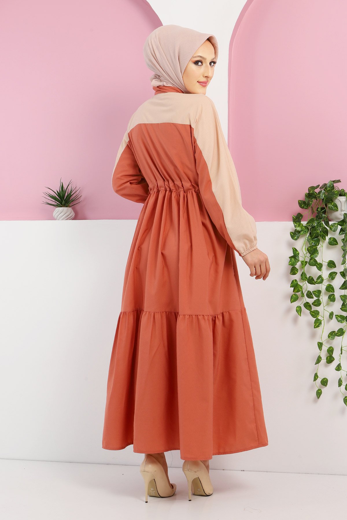 Çift Renkli Elbise TSD220301 Somon