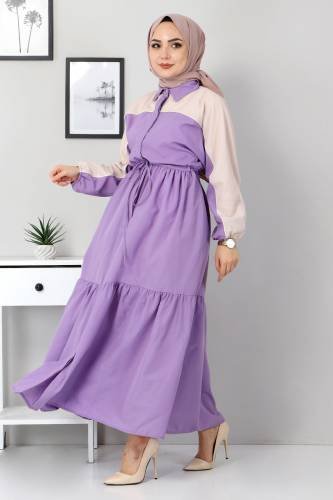 Çift Renkli Elbise TSD4416 Lila - Thumbnail