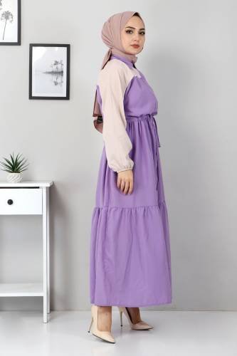 Çift Renkli Elbise TSD4416 Lila - Thumbnail