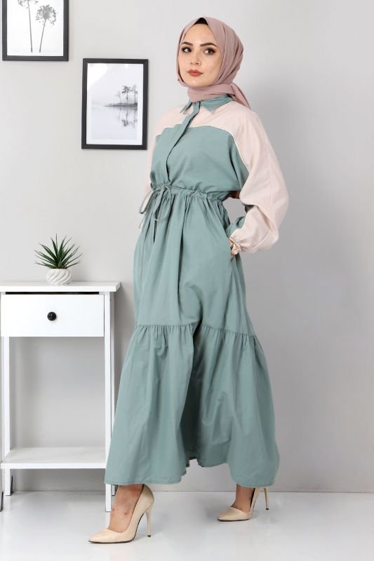 Çift Renkli Elbise TSD4416 Mint Yeşili