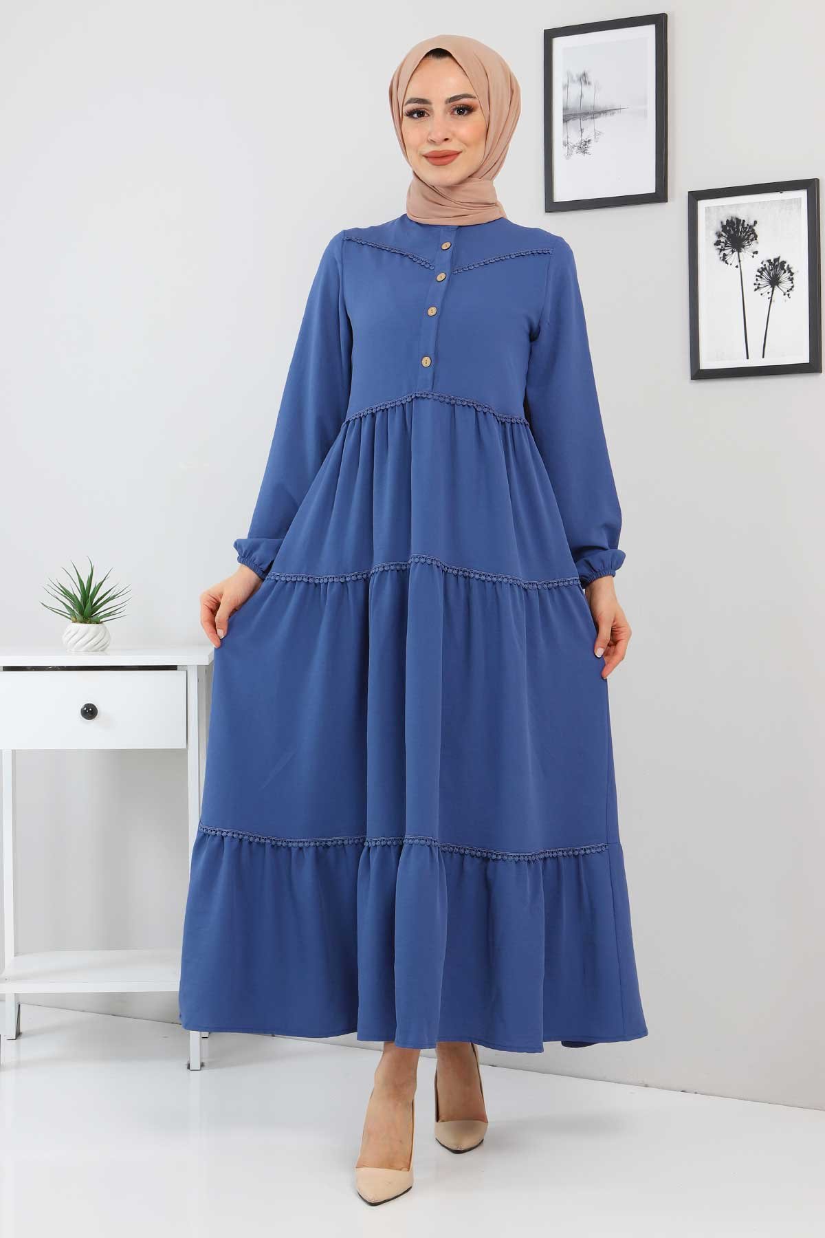 Dantel Detaylı Elbise TSD220115 Mavi