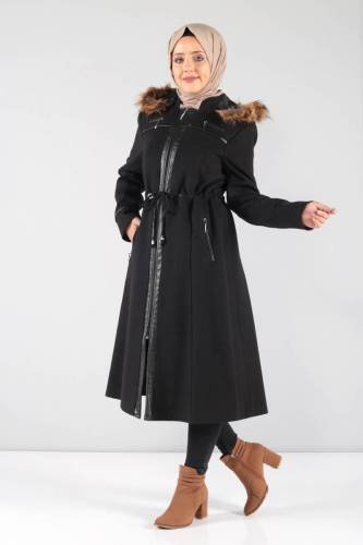 Deri Detaylı Kaşe Palto MVC806K Siyah - Thumbnail