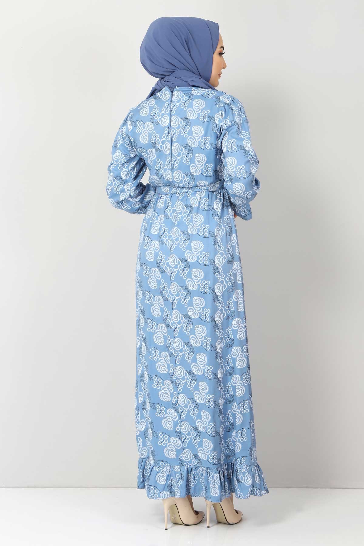 Desenli Fırfırlı Elbise TSD2817 Mavi