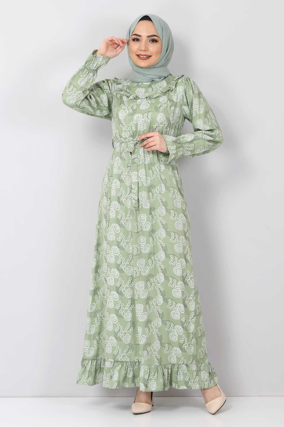 Desenli Fırfırlı Elbise TSD2817 Yeşil