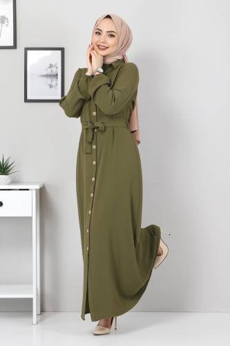 Düğmeli Ayrobin Elbise TSD0341 Haki - Thumbnail